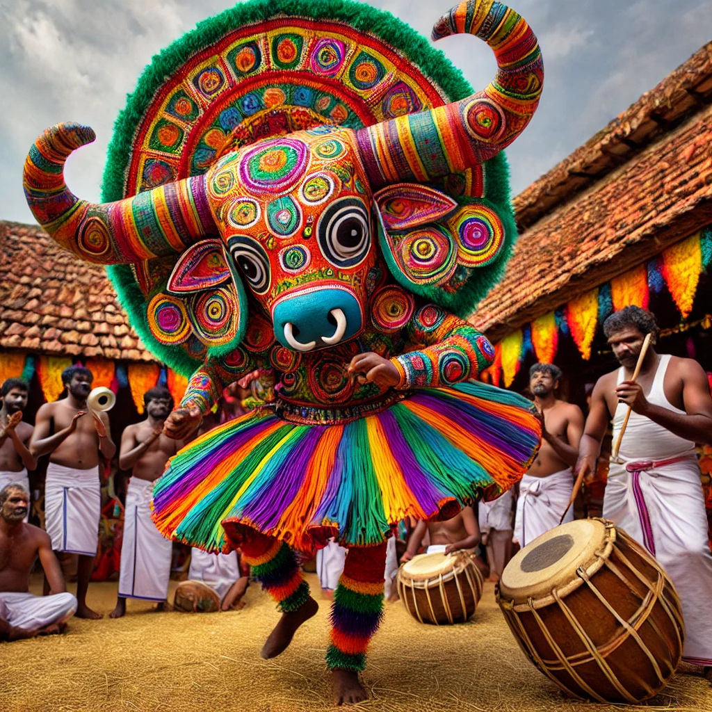 A vibrant scene of the Maadattam dance during a Tamil Nadu village harvest festival. The central figure is a performer in a large, colorful bull