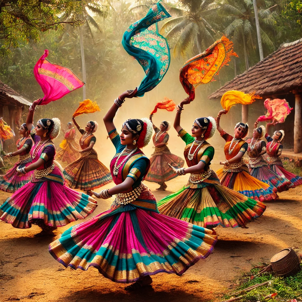 A traditional Oyilattam dance scene in a rural Tamil Nadu setting. Female dancers are dressed in vibrant, colorful sarees or skirts, holding bright sc