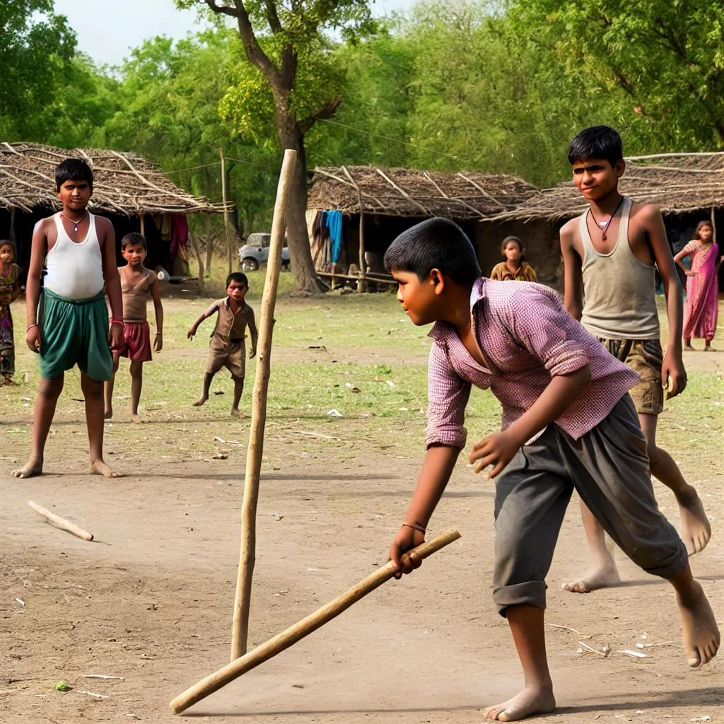 A lively scene of children playing the traditional Gilli-Danda game in a rural Indian village. A boy is holding a 2-foot-long wooden stick (danda) and