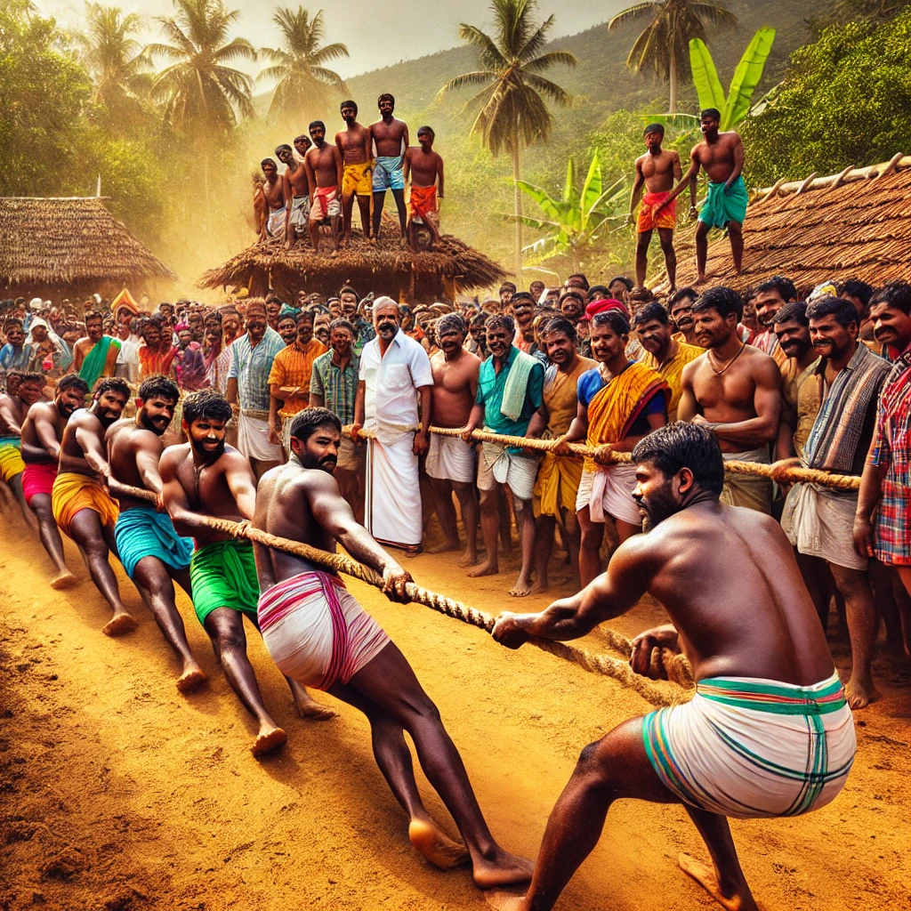 A vibrant scene of a traditional tug of war competition set in a Tamil village. Two teams of villagers, men and women, are pulling on opposite ends of